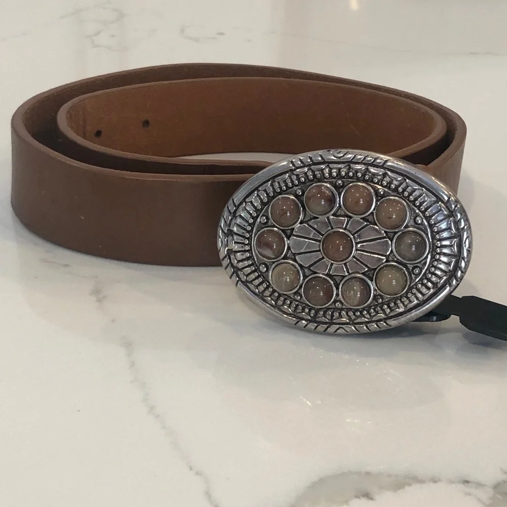 Sonoma Women’s Brown Leather Belt M Silver Oval Buckle Cabochon Stones Cowgirl